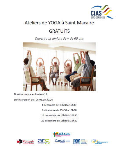 Ateliers Yoga à Saint-Macaire Gratuits ouverts aux plus de 60 ans